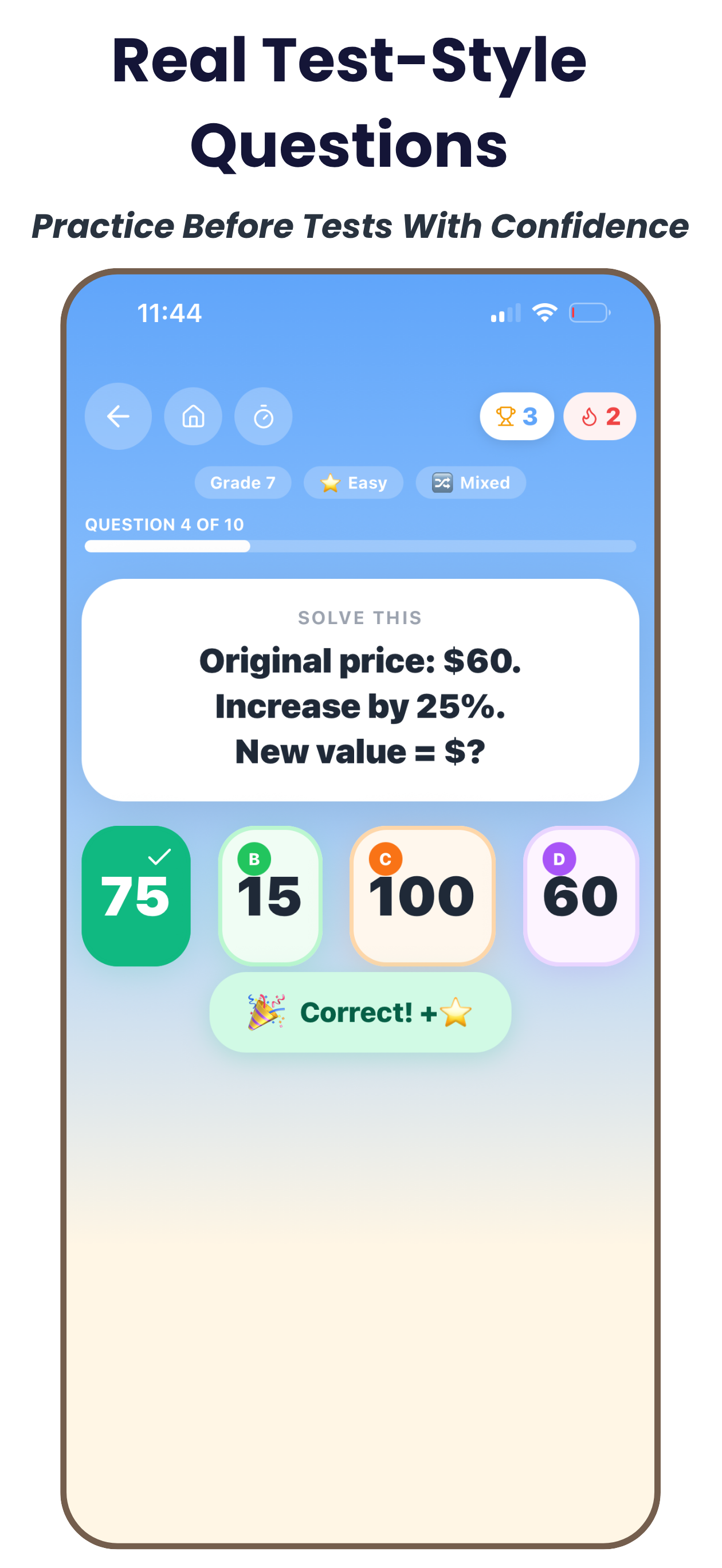 BloomQuest quiz with a real test-style question and instant feedback