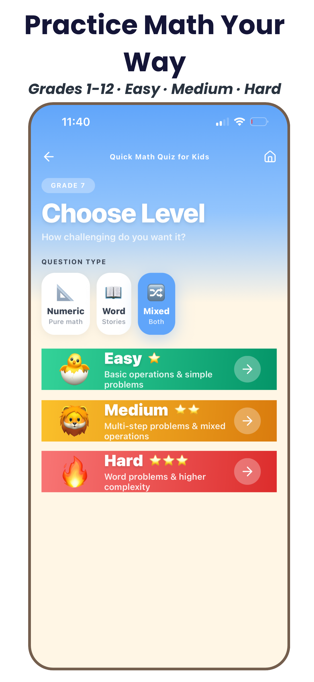 Choose grade level and difficulty in BloomQuest